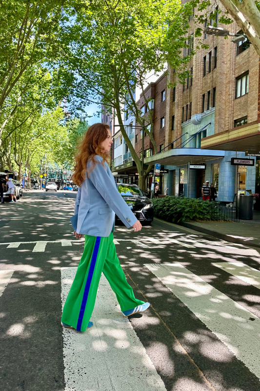 Green Wide Leg Pants with Light and Dark Blue Stripe