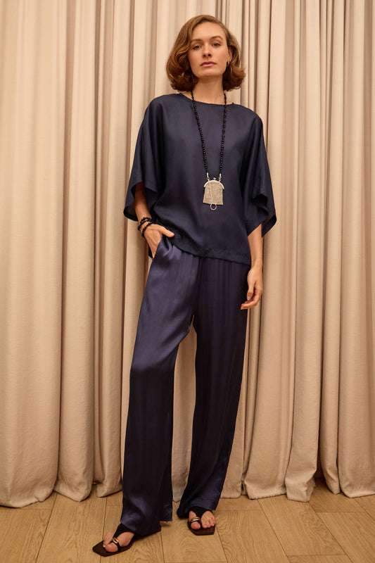 Navy Wide Leg Silk Pants