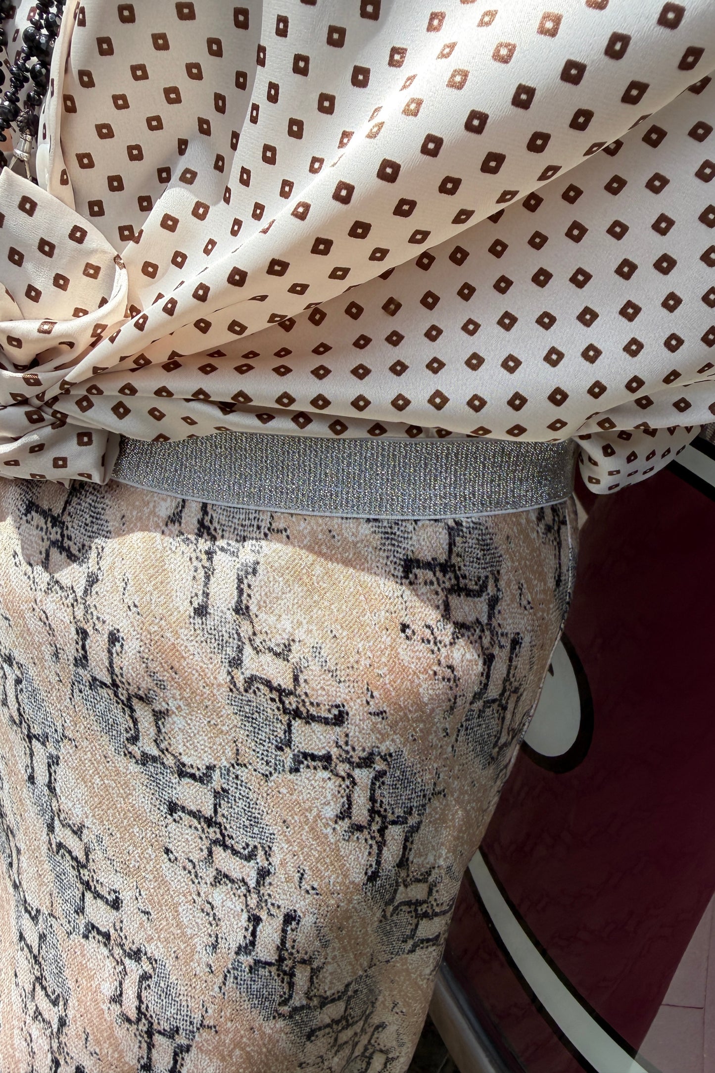 Snakeskin Midi Skirt with Citrus Trim & Silver Waistband