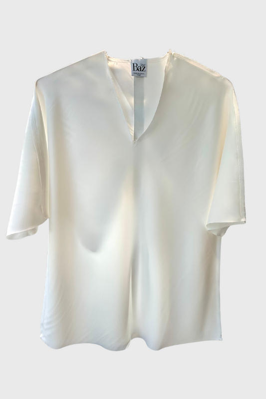 White Silk V Neck Top with Silver Stripe