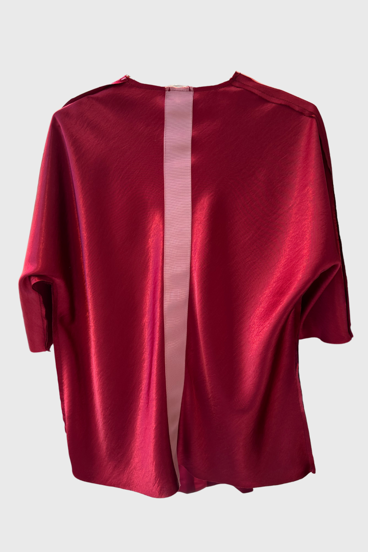 Wine Silk V Neck Top with Dusty Pink Stripe
