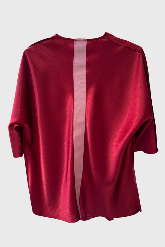 Wine Silk V Neck Top with Dusty Pink Stripe
