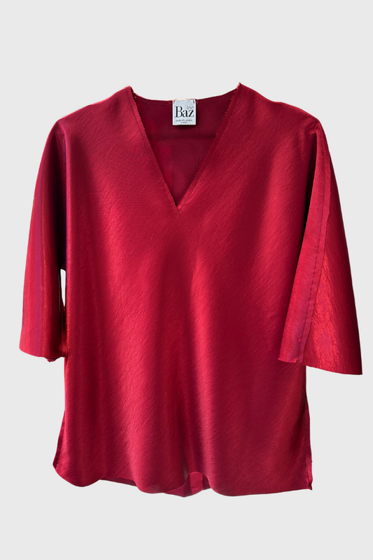 Wine Silk V Neck Top with Dusty Pink Stripe