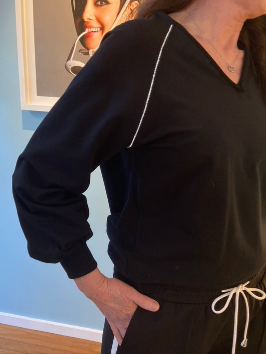 V-Neck Sweatshirt · Black Cotton and Crystal