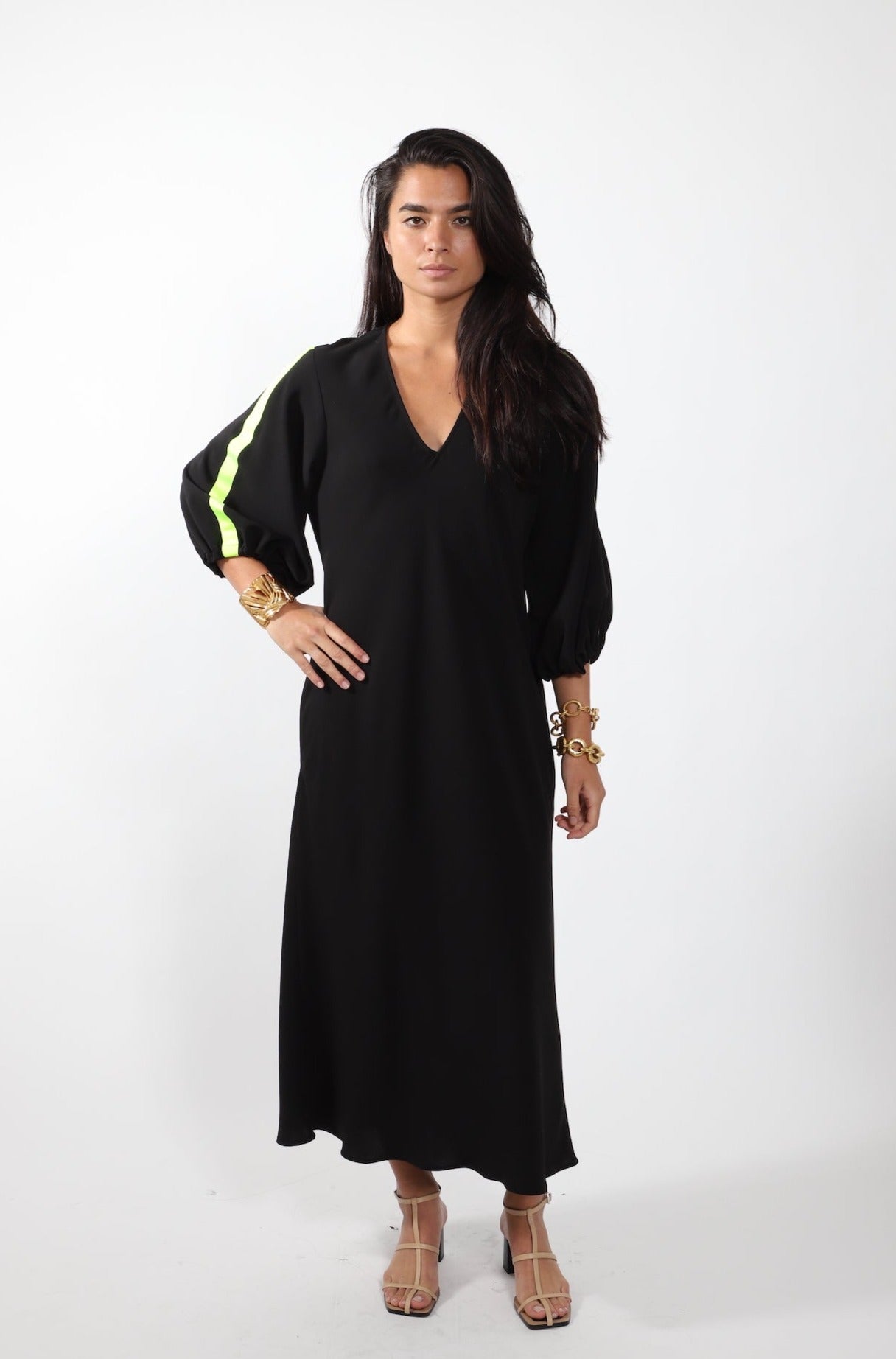 Bazinc Bias V Neck Dress · Black With Lime Stripe