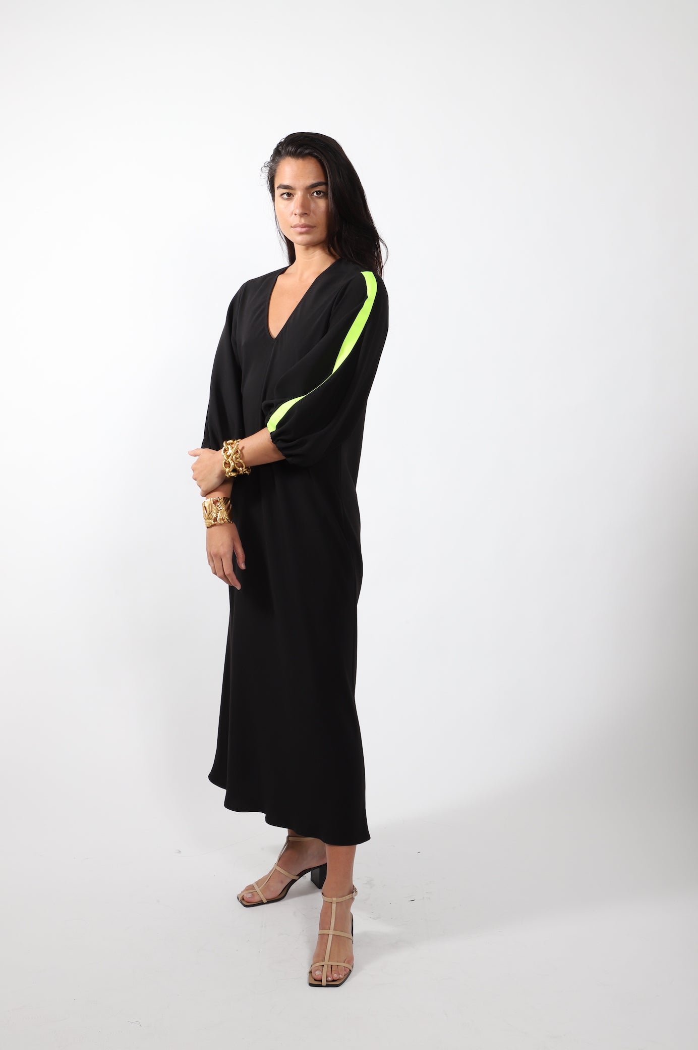 Bias V Dress · Black with Lime Stripe